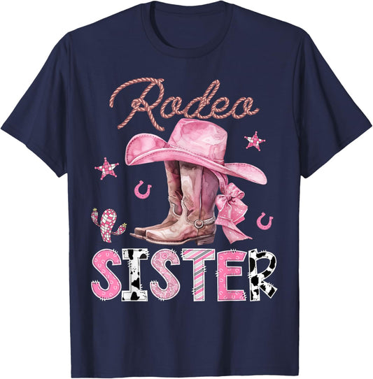 Rodeo Sister Pink Boots Coquette CowGirl Birthday Party T-Shirt - T-Shirt | Navy
