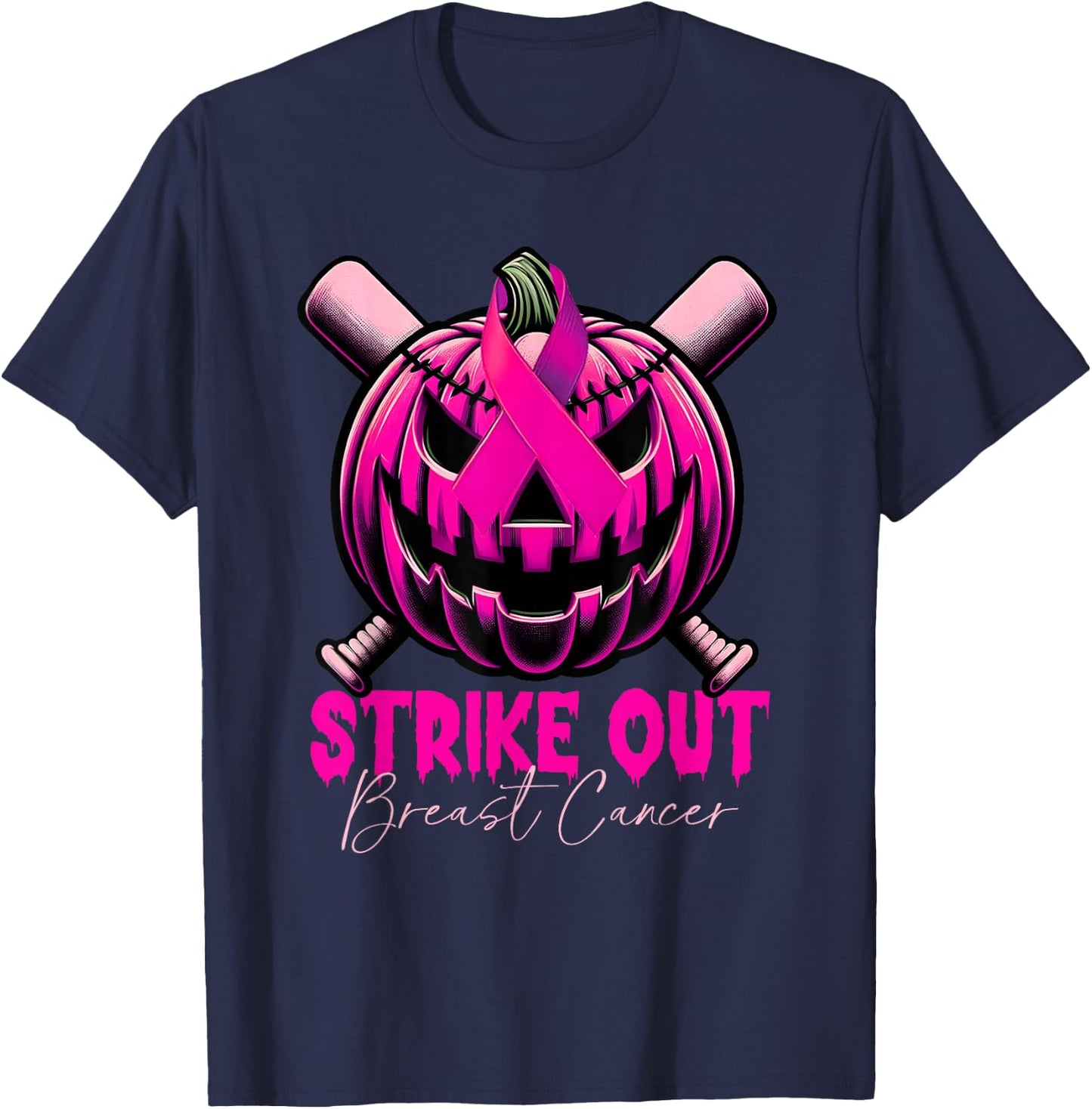 Strike Out Breast Cancer Awareness Baseball Pink Halloween T-Shirt - T-Shirt | Navy