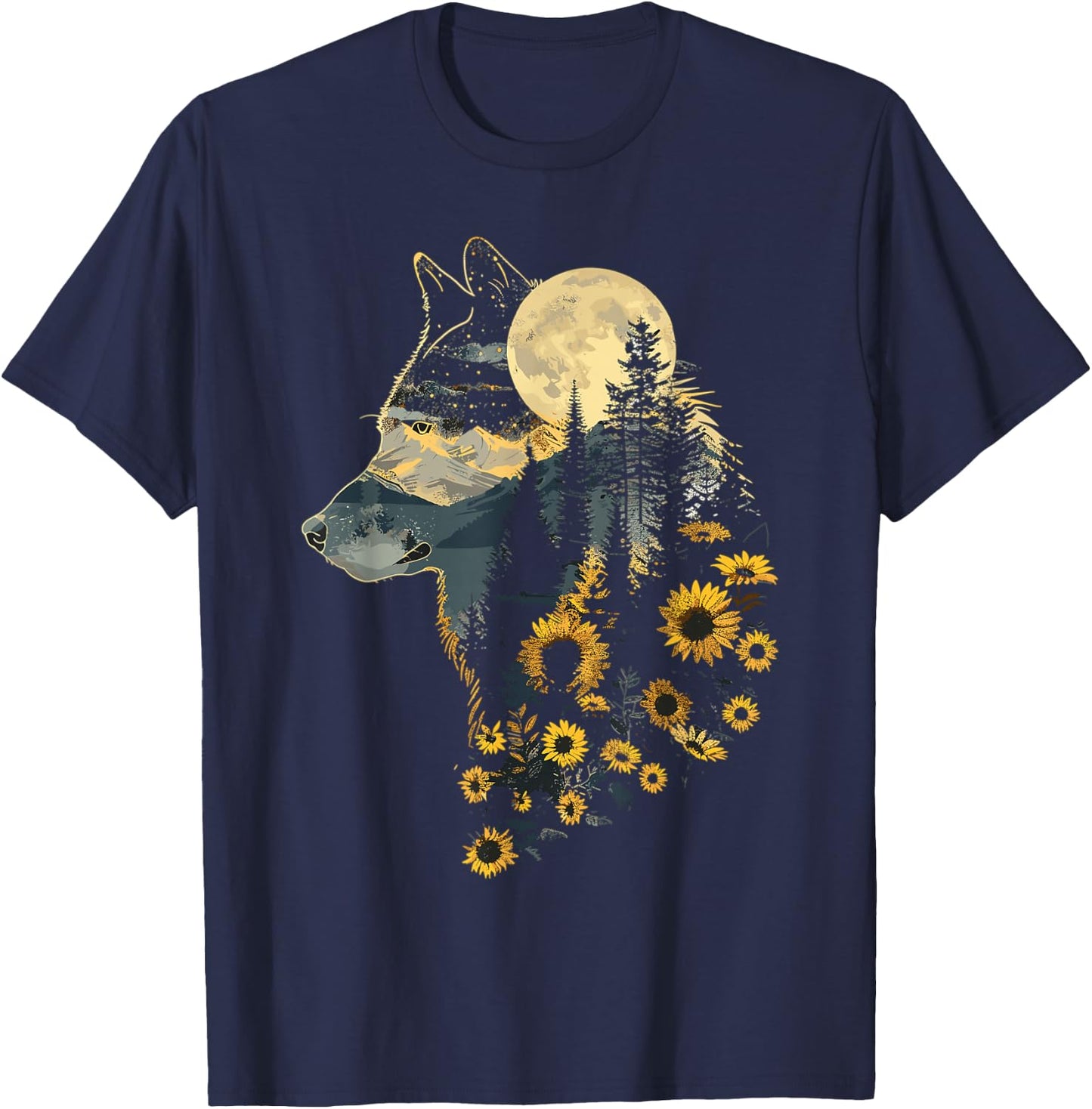 Cute Wolf Floral Sunflower Wolves T-Shirt - T-Shirt | Navy