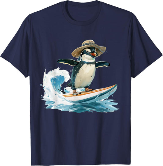 Surfing Penguin in Straw Hat Fun Beach Design Men Women T-Shirt - T-Shirt | Navy