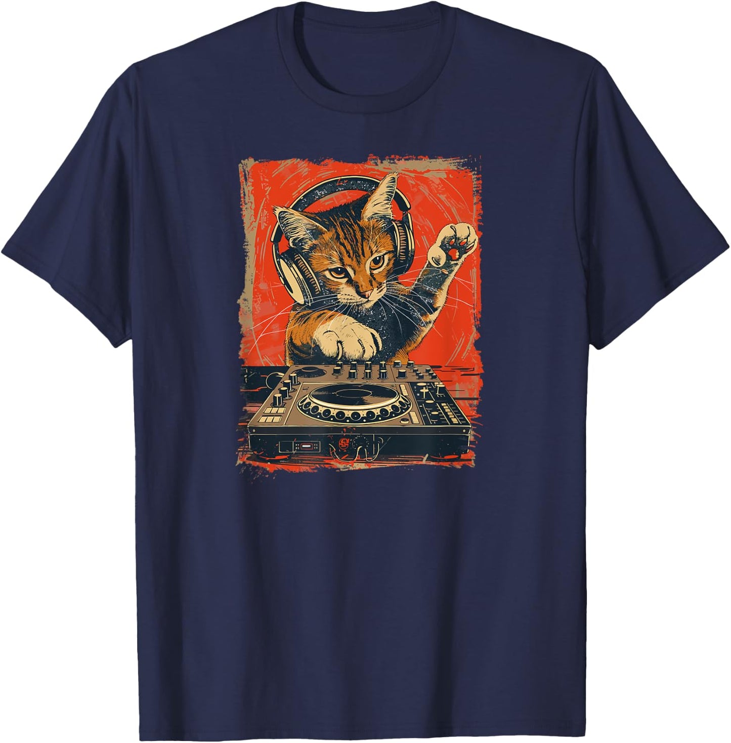 Funny DJ Cat Disco Sound Tech Headphone Music Men Women T-Shirt - T-Shirt | Navy