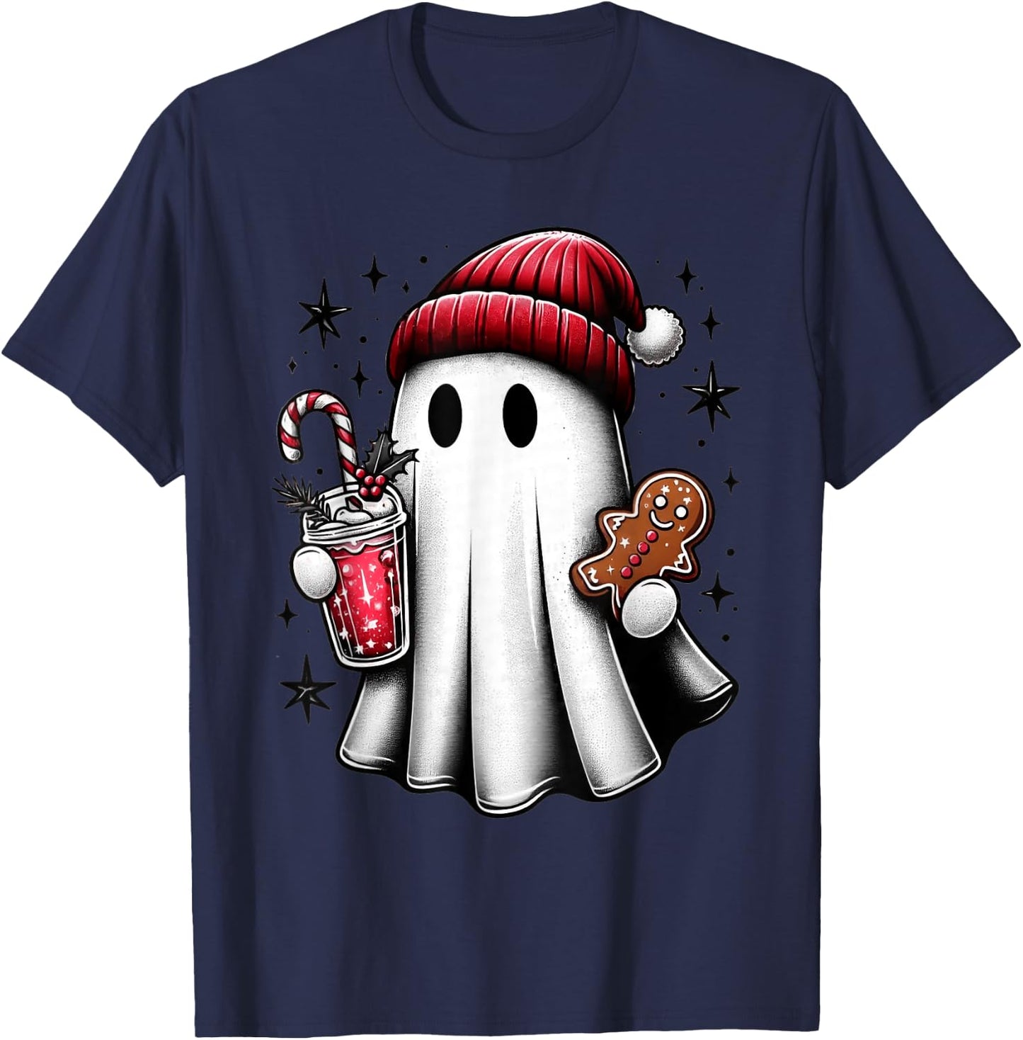 Cute Santa Ghost Drinking Coffee Ice Coffee Christmas Pajama T-Shirt - T-Shirt | Navy