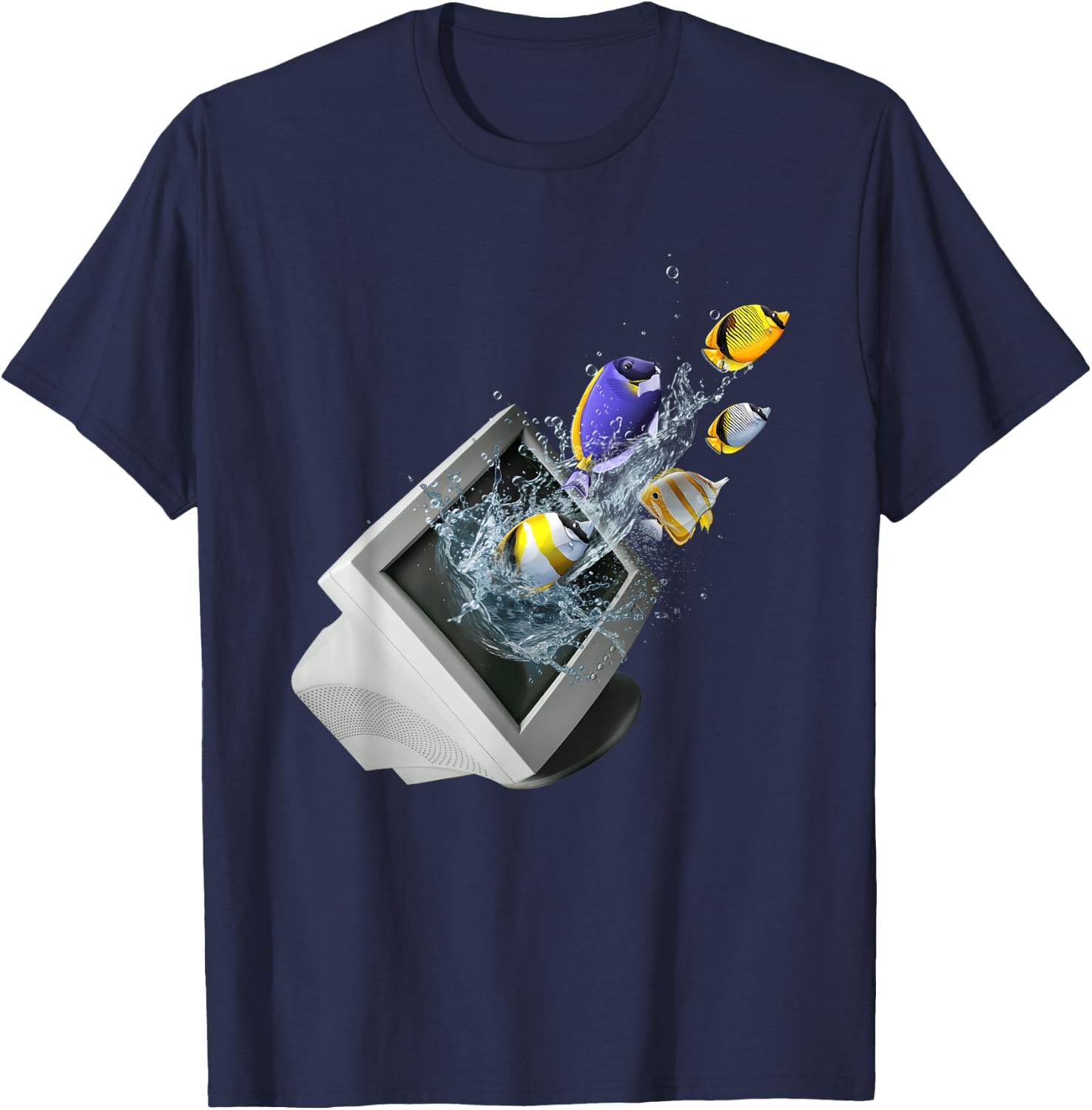 Frutiger Aero Aesthetic Tech Computer Aquarium Fishes T-Shirt - T-Shirt | Navy