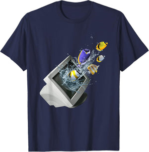 Frutiger Aero Aesthetic Tech Computer Aquarium Fishes T-Shirt - T-Shirt | Navy