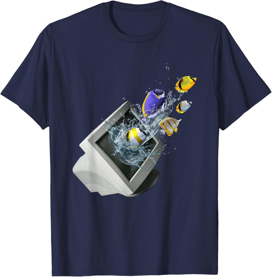 Frutiger Aero Aesthetic Tech Computer Aquarium Fishes T-Shirt - T-Shirt | Navy