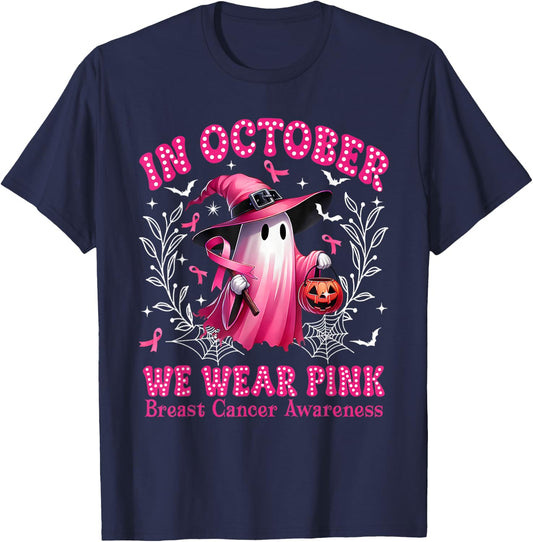 In October We Wear Pink Ghost Witch Breast Cancer Awareness T-Shirt - T-Shirt | Navy