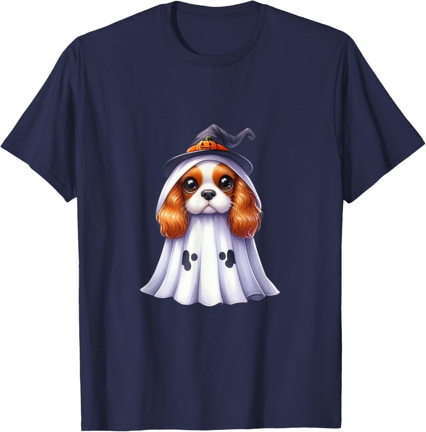 Cute Halloween Cavalier King Charles Spaniel dog as a ghost T-Shirt - T-Shirt | Navy
