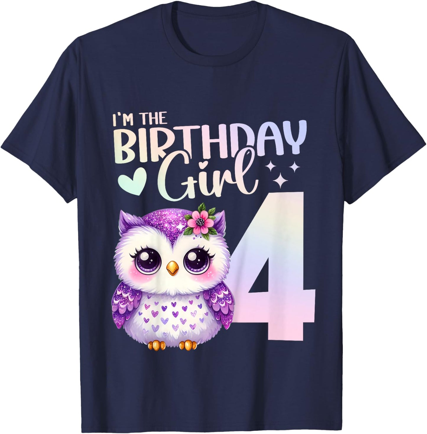 4th Birthday Owl Animals Fourth birthday girl 4 years T-Shirt - T-Shirt | Navy