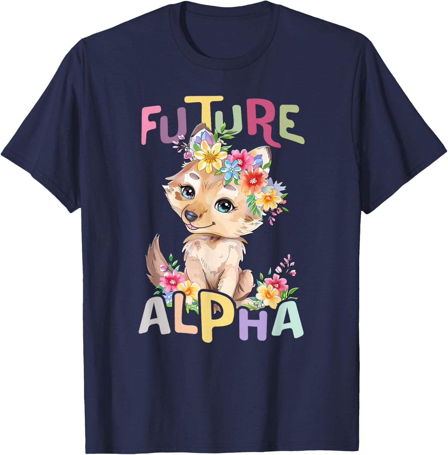 Future Alpha Wolf with Flowers Cute Wolves Animal Moon T-Shirt - T-Shirt | Navy