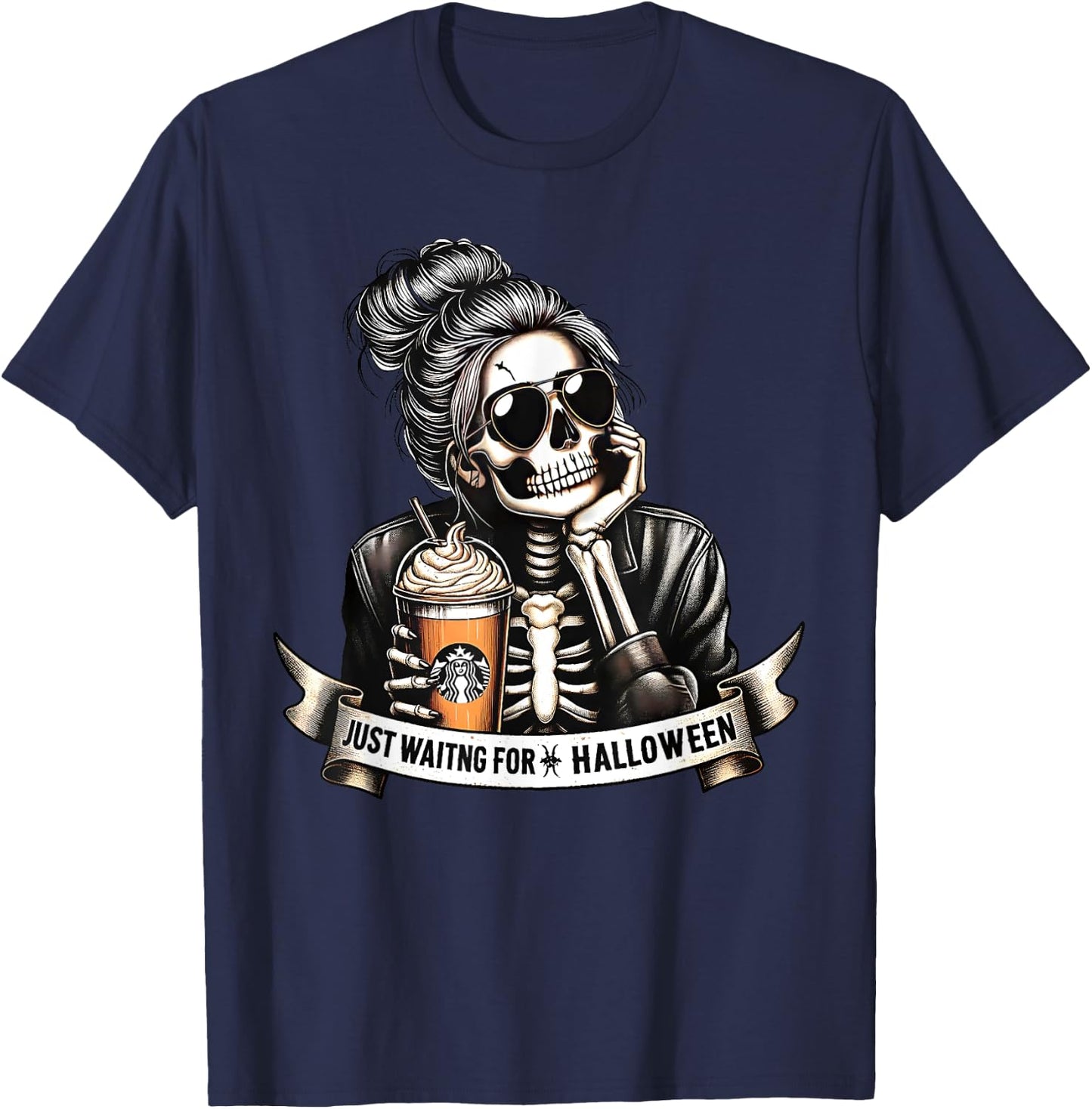 Just Waiting For Halloween Spooky Season Skeleton Coffee T-Shirt - T-Shirt | Navy