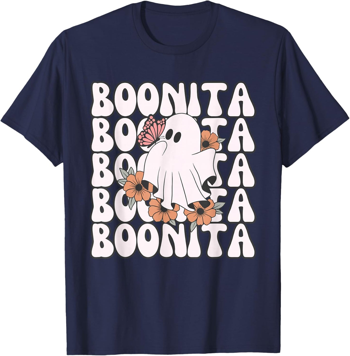 Boonita Halloween Ghost Floral Butterfly Boo Girls T-Shirt - T-Shirt | Navy