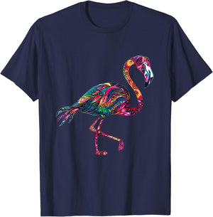 Pink Flamingo Bird Animal Print Colourful Motif Artwork T-Shirt - T-Shirt | Navy