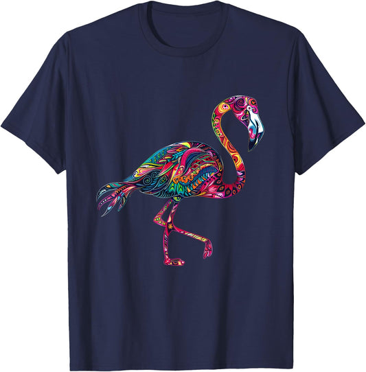 Pink Flamingo Bird Animal Print Colourful Motif Artwork T-Shirt - T-Shirt | Navy