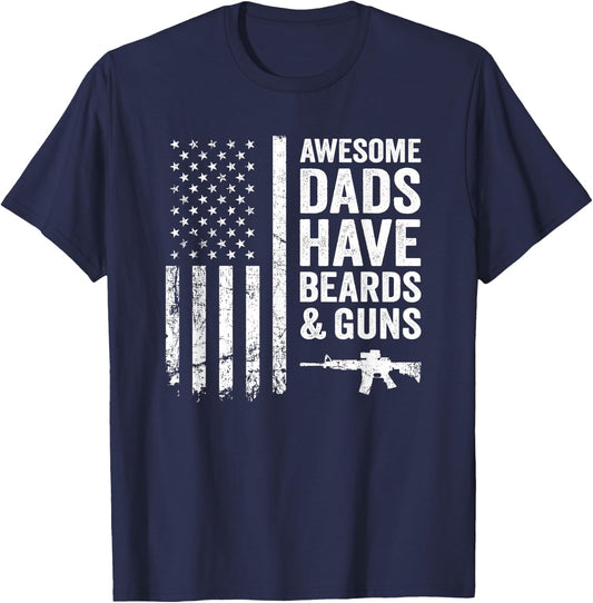 Awesome Dads Have Beards & Guns - USA Flag Father Funny Gun T-Shirt - T-Shirt | Navy
