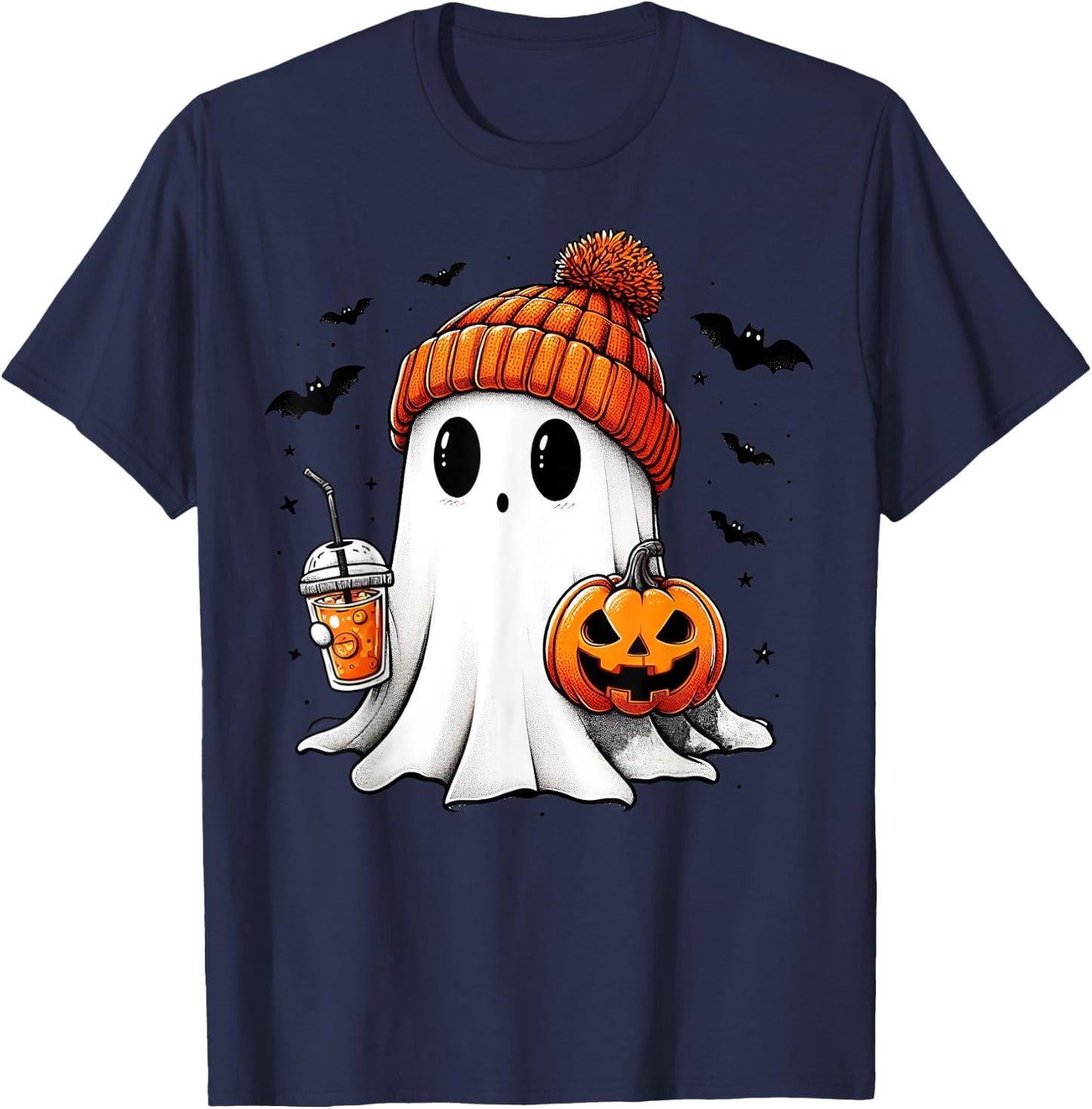 Cute Ghost Drinking Coffee Halloween Ghost Ice Coffee T-Shirt - T-Shirt | Navy