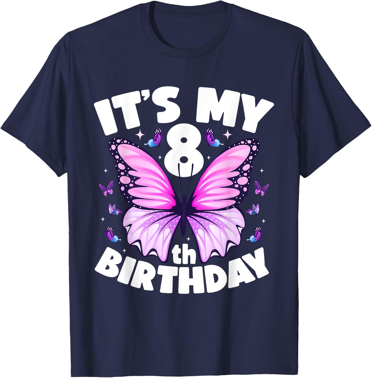8th Birthday Shirt for Girls Butterfly 8 Year Old Birthday T-Shirt - T-Shirt | Navy