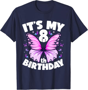 8th Birthday Shirt for Girls Butterfly 8 Year Old Birthday T-Shirt - T-Shirt | Navy