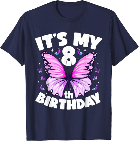 8th Birthday Shirt for Girls Butterfly 8 Year Old Birthday T-Shirt - T-Shirt | Navy