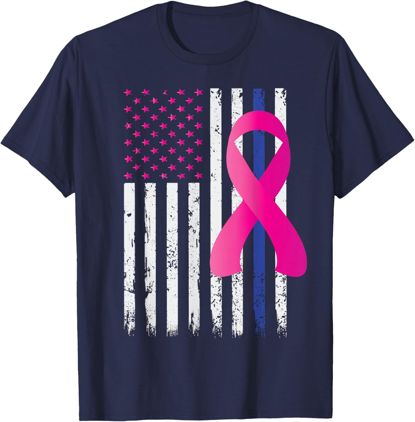 Breast Cancer Awareness Ribbon Thin Blue Line Police Flag T-Shirt - T-Shirt | Navy