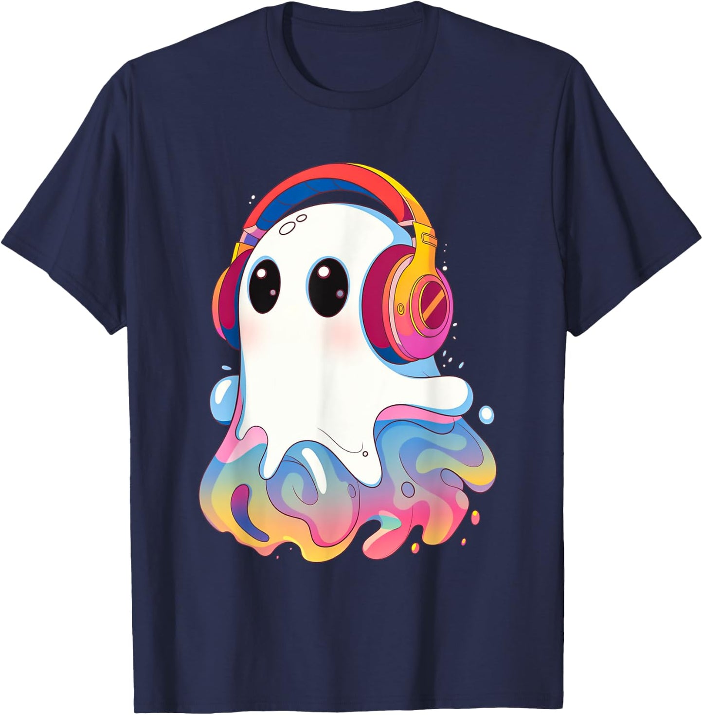 Retro Psychedelic Ghost with Headphones Vaporwave T-Shirt - T-Shirt | Navy