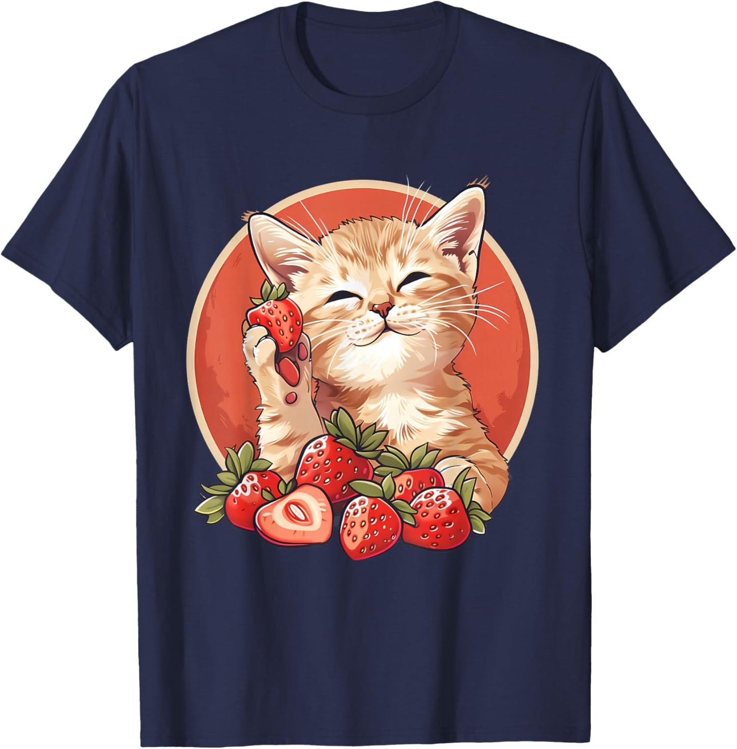 Strawberry Cat Portrait Animal Print Drawing Strawberries T-Shirt - T-Shirt | Navy