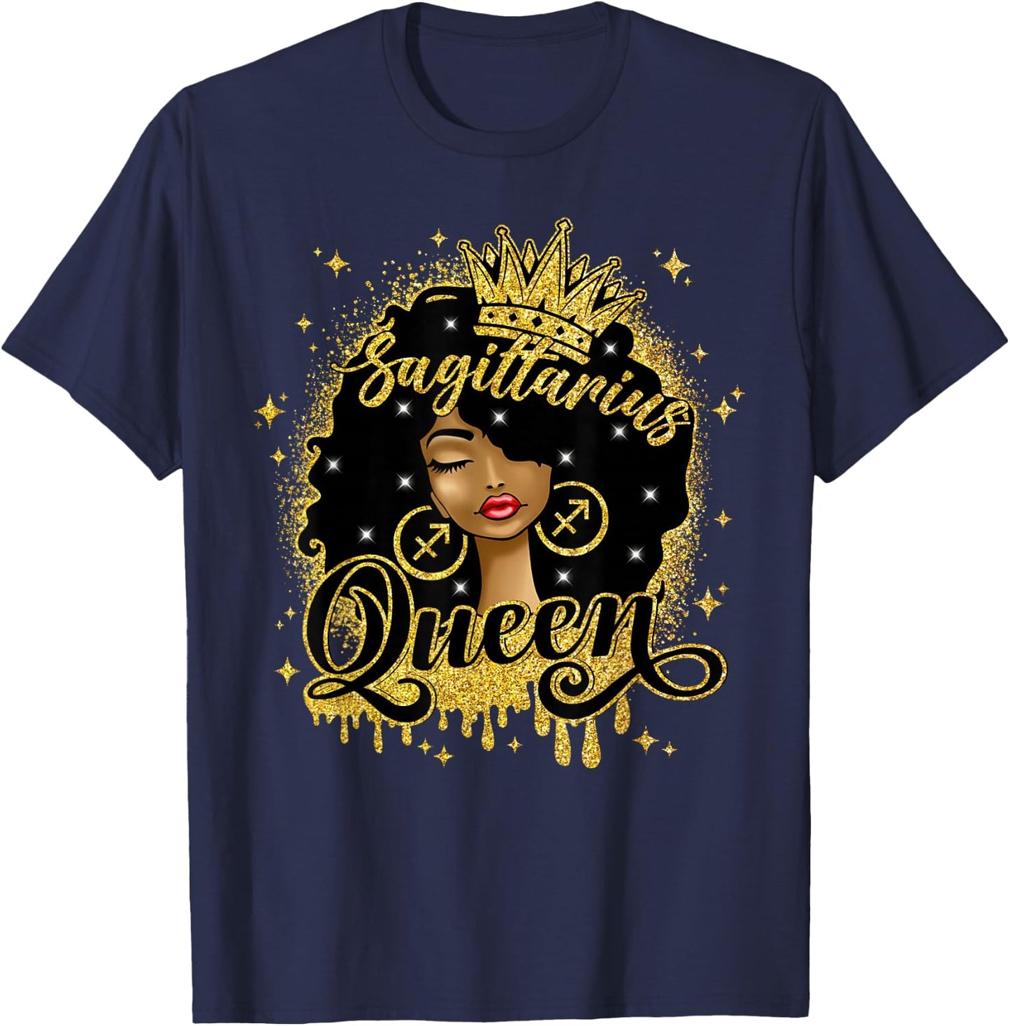 Sagittarius Queen Afro Natural Hair Girl Black Woman Zodiac T-Shirt - T-Shirt | Navy