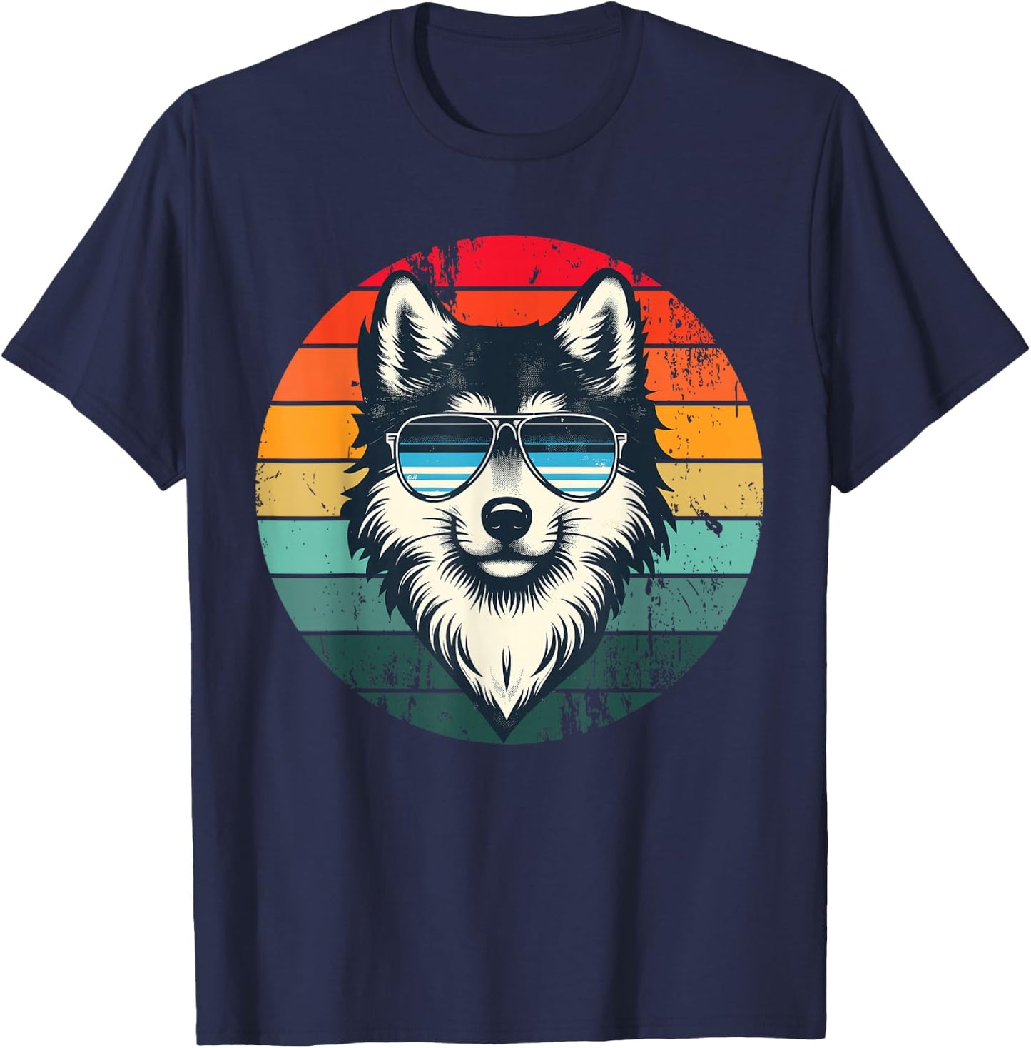 Cool Retro Wolf in Sunglasses 70s 80s 90s Novelty Funny Wolf T-Shirt - T-Shirt | Navy