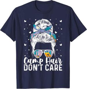 Camp Hair Don't Care Camper Camping Messy Bun Hair T-Shirt - T-Shirt | Navy
