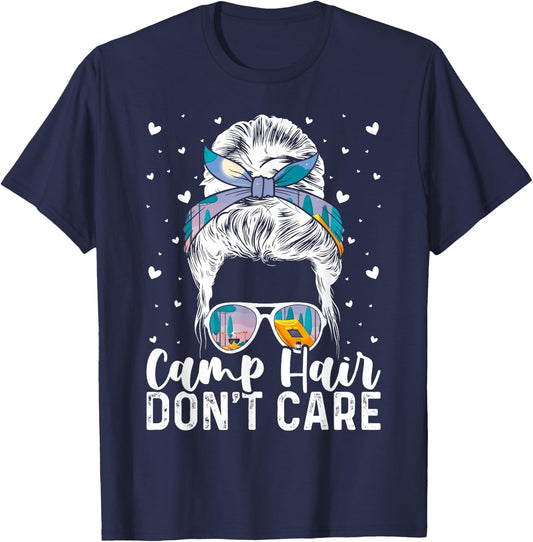 Camp Hair Don't Care Camper Camping Messy Bun Hair T-Shirt - T-Shirt | Navy