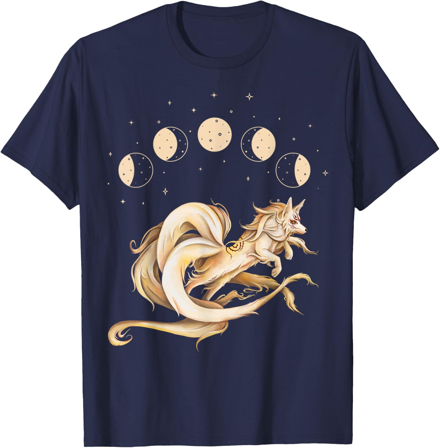 Japanese Nine -Tails Fox Kitsune Moon Phases Folklore T-Shirt - T-Shirt | Navy