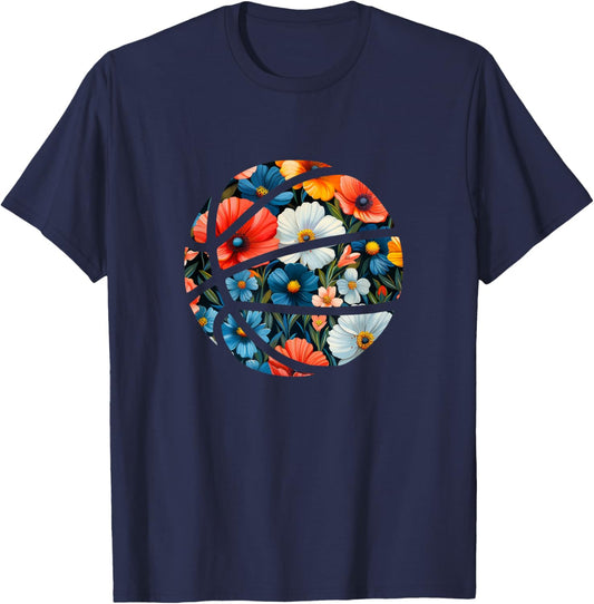 Basketball Silhouette Flowers Botanical Floral T-Shirt - T-Shirt | Navy