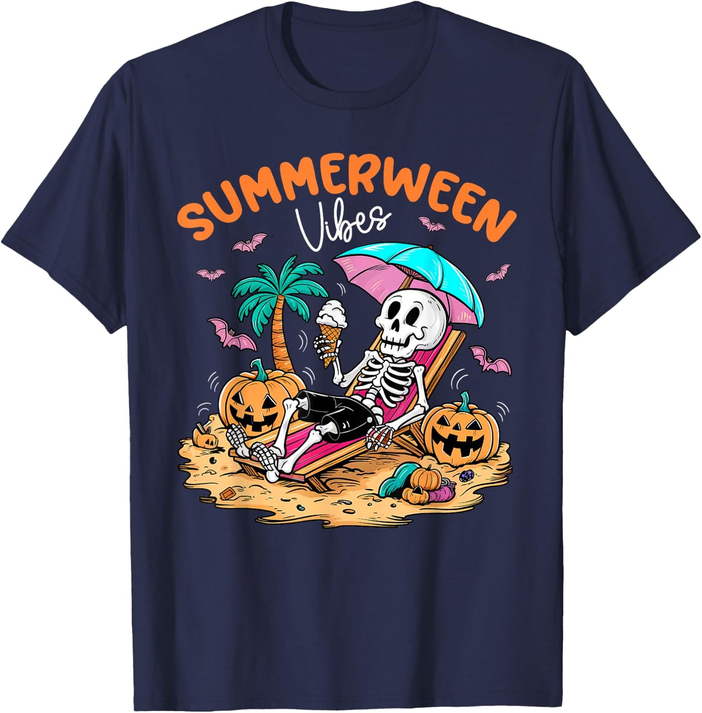 Summerween Halloween Skeleton Ice Cream Summer Vacation T-Shirt - T-Shirt | Navy
