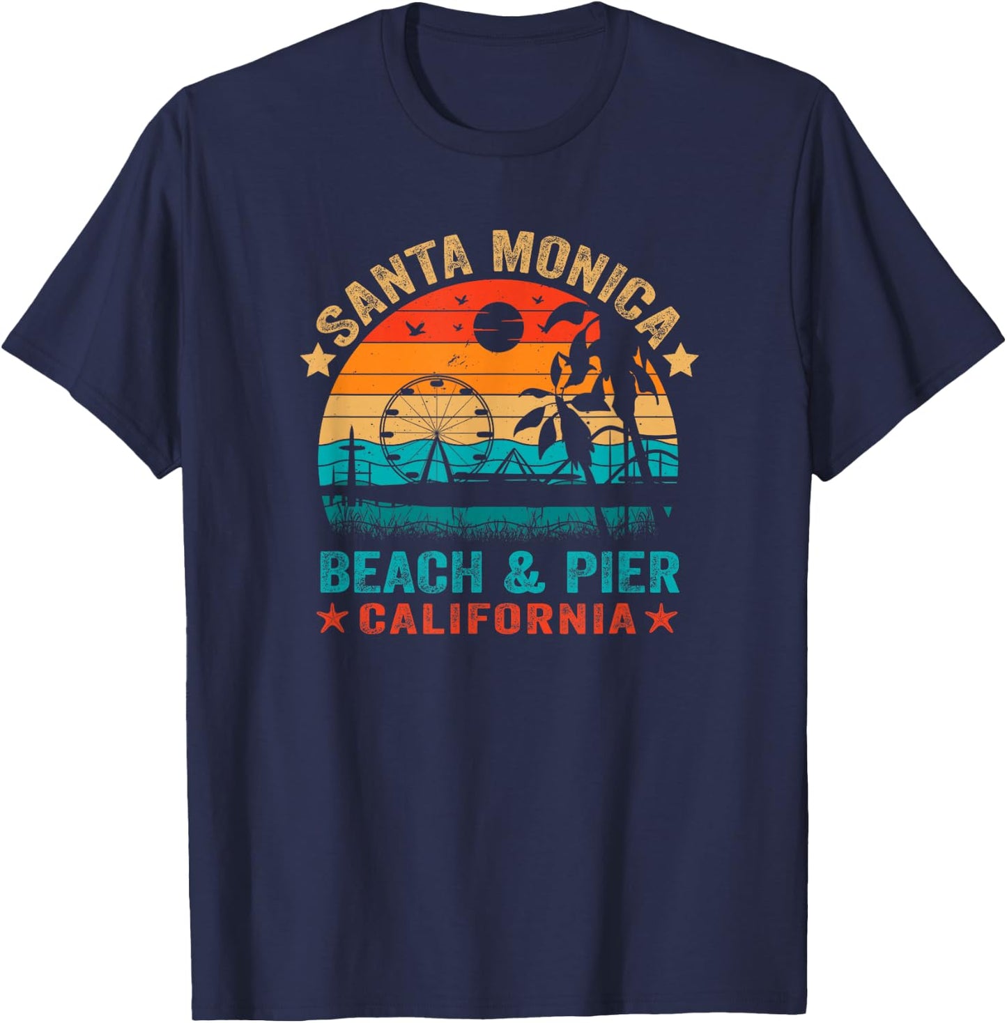 Santa Monica California USA Retro Beach Pier Ocean Sunset T-Shirt - T-Shirt | Navy
