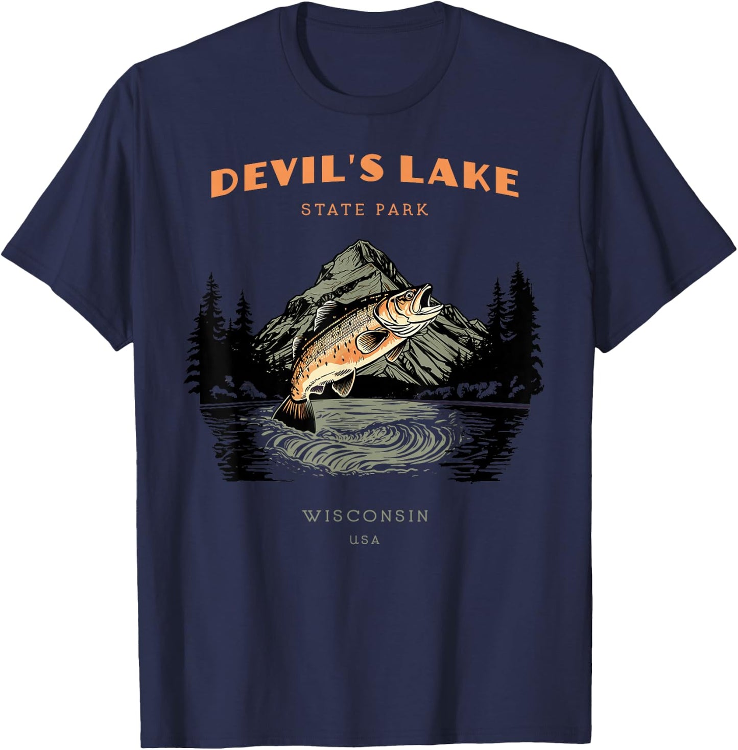 Devil's Lake State Park Wisconsin Retro Vintage Fishing T-Shirt - T-Shirt | Navy