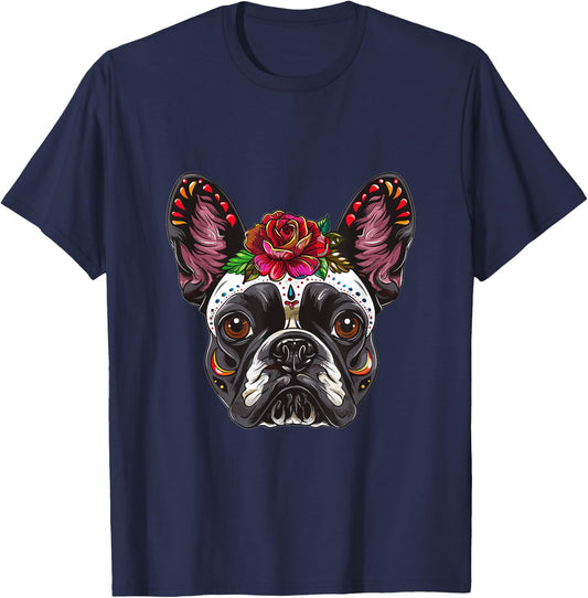 French Bulldog Sugar Skull Dia De Los Muertos Graphic T-Shirt - T-Shirt | Navy