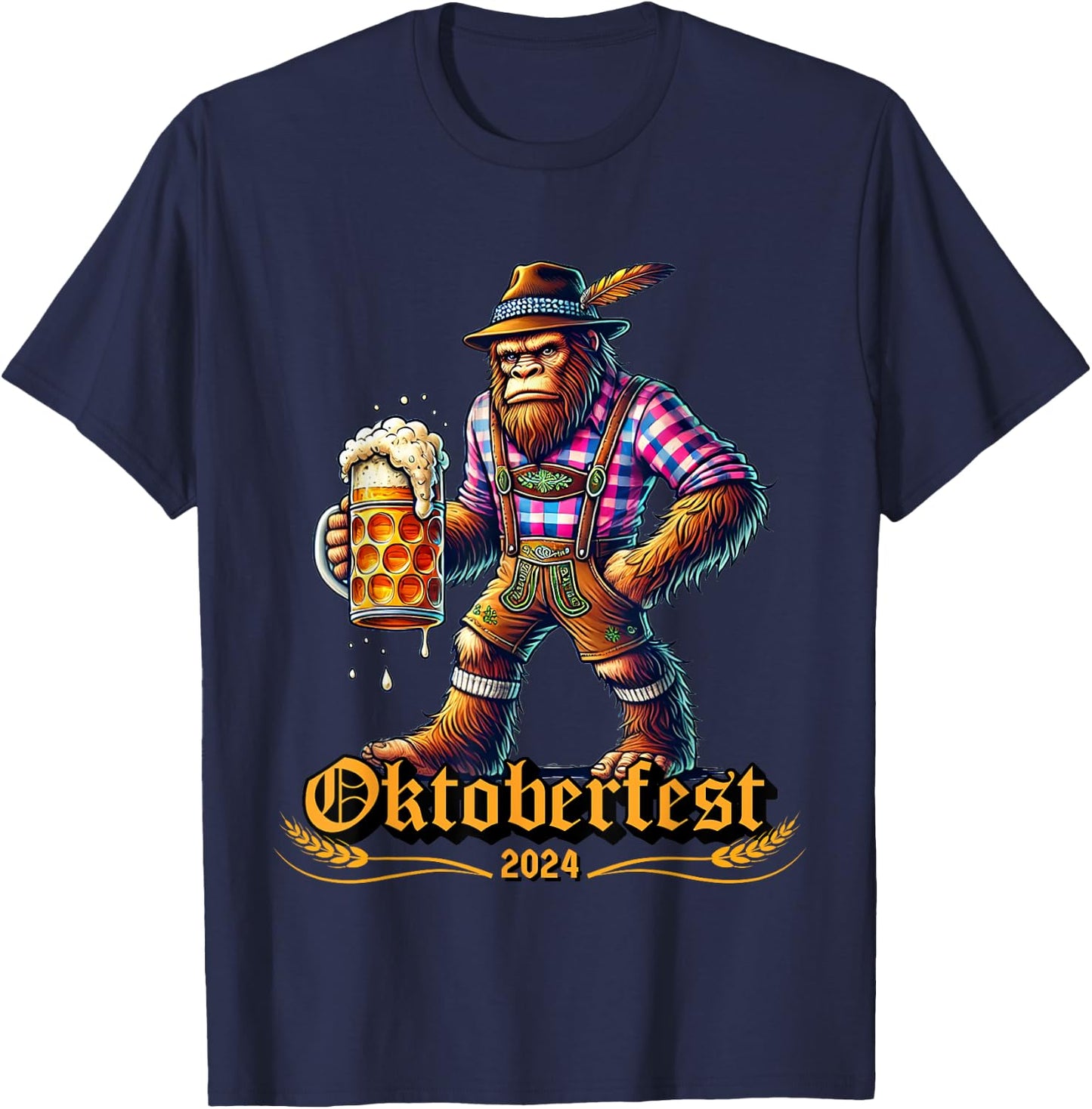 German Bigfoot Sasquatch Lederhose Funny Oktoberfest 2024 T-Shirt - T-Shirt | Navy