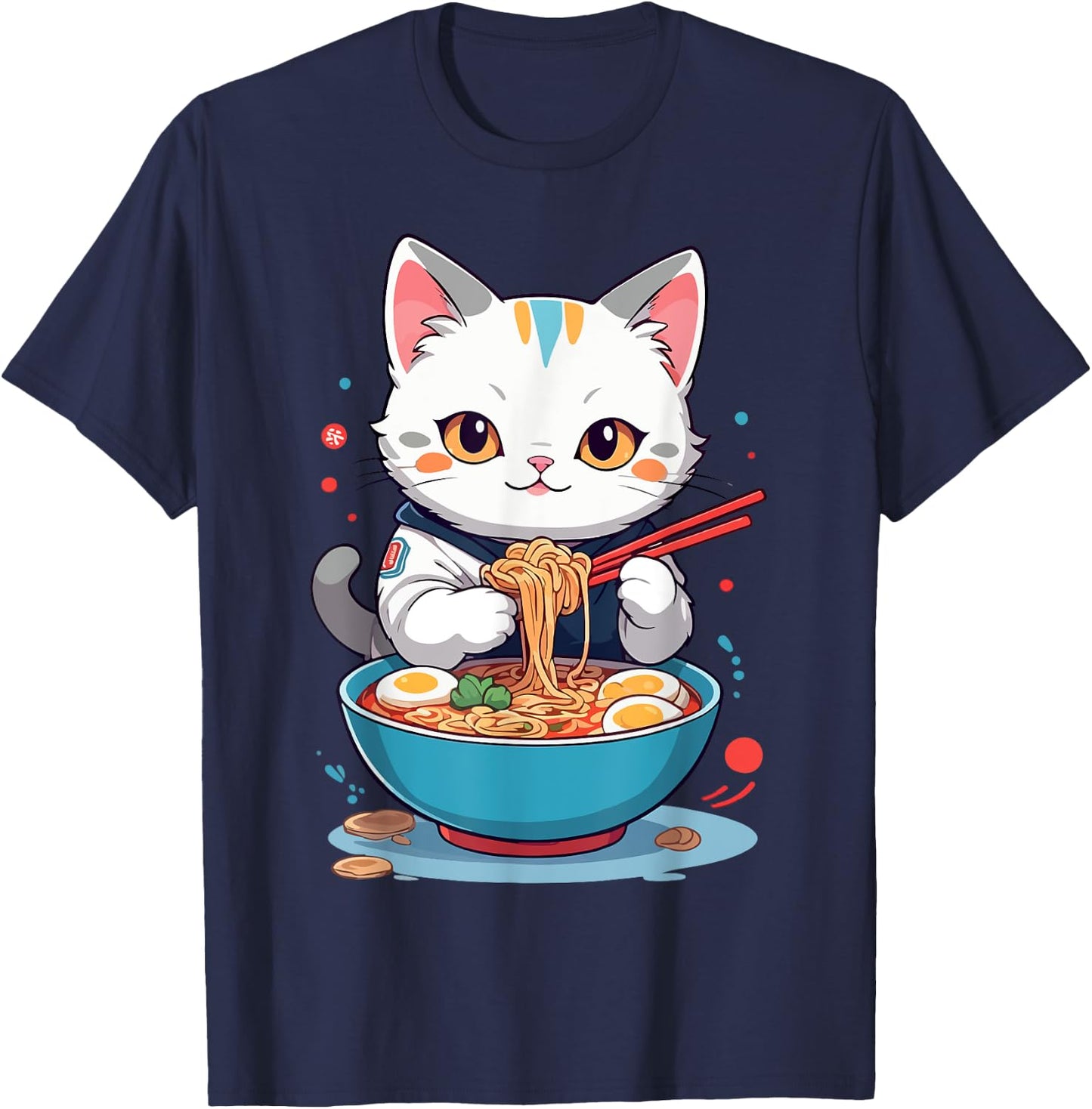 Cat Savoring Ramen Funny Pet Animals and Food Lover Design T-Shirt - T-Shirt | Navy