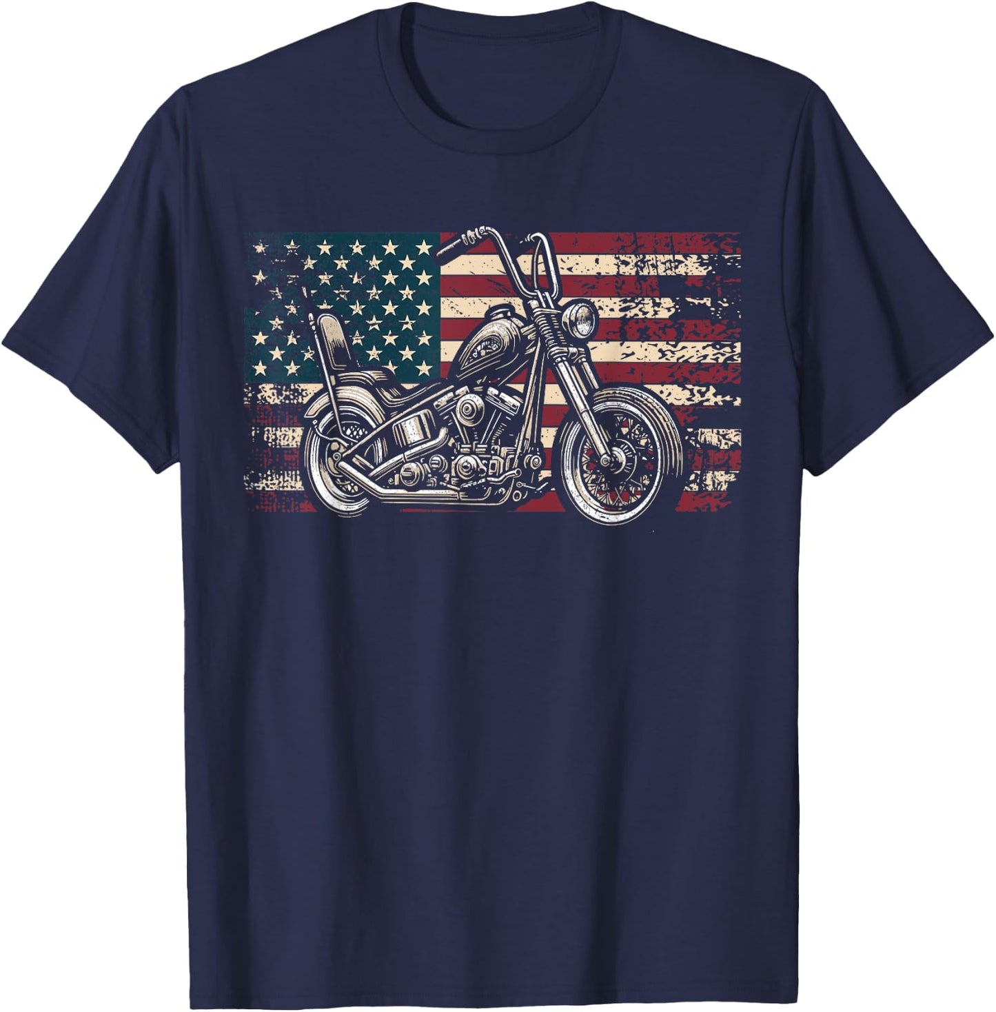 Old Motorcycle American Flag Patriotic Biker USA Flag T-Shirt - T-Shirt | Navy