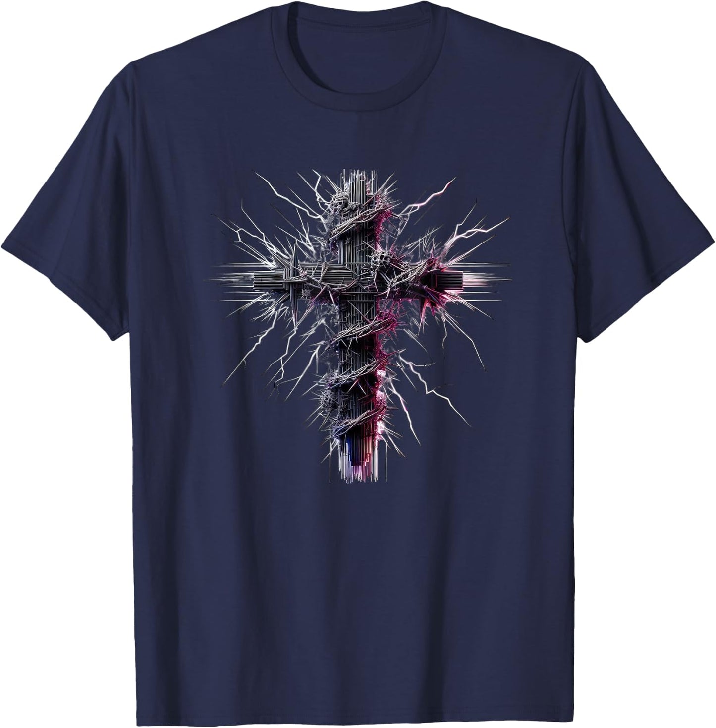 Christian Cross Punk Art Style Distressed Crown of thorns T-Shirt - T-Shirt | Navy