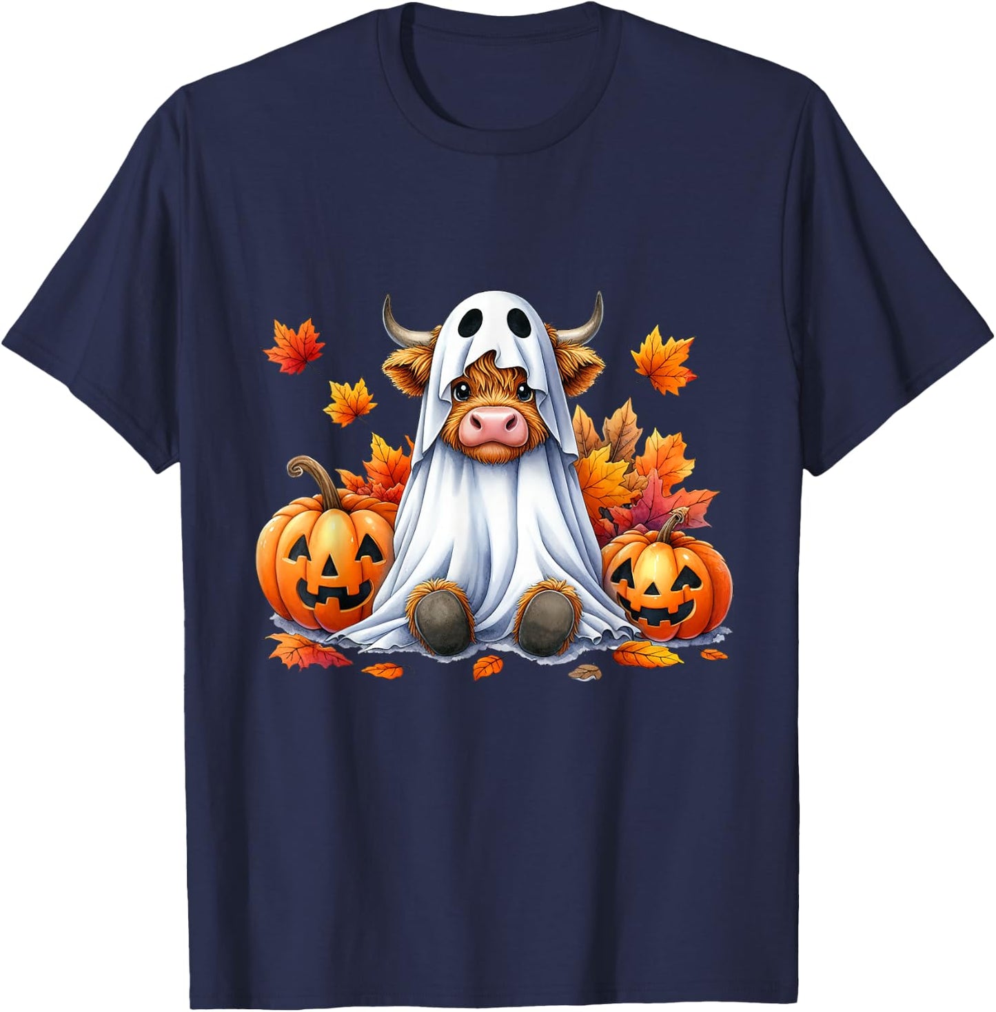 Funny Halloween Highland Cow Ghost Spooky Pumpkin Hello Fall T-Shirt - T-Shirt | Navy
