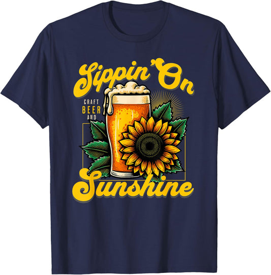 Sippin' on Sunshine Sunflower and Craft Beer Beach Vacation Men Women T-Shirt - T-Shirt | Navy