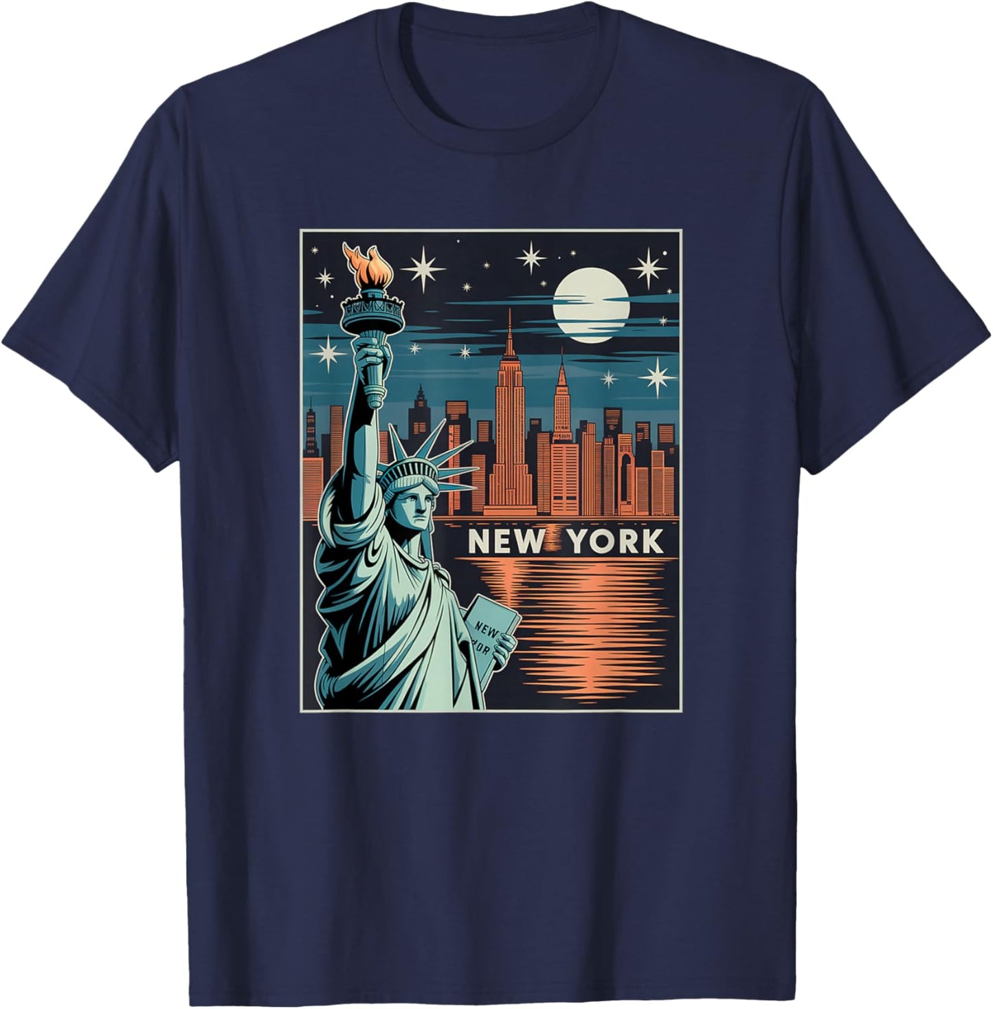New York Skyline Reflection Liberty Poster-Style Illustratio T-Shirt - T-Shirt | Navy