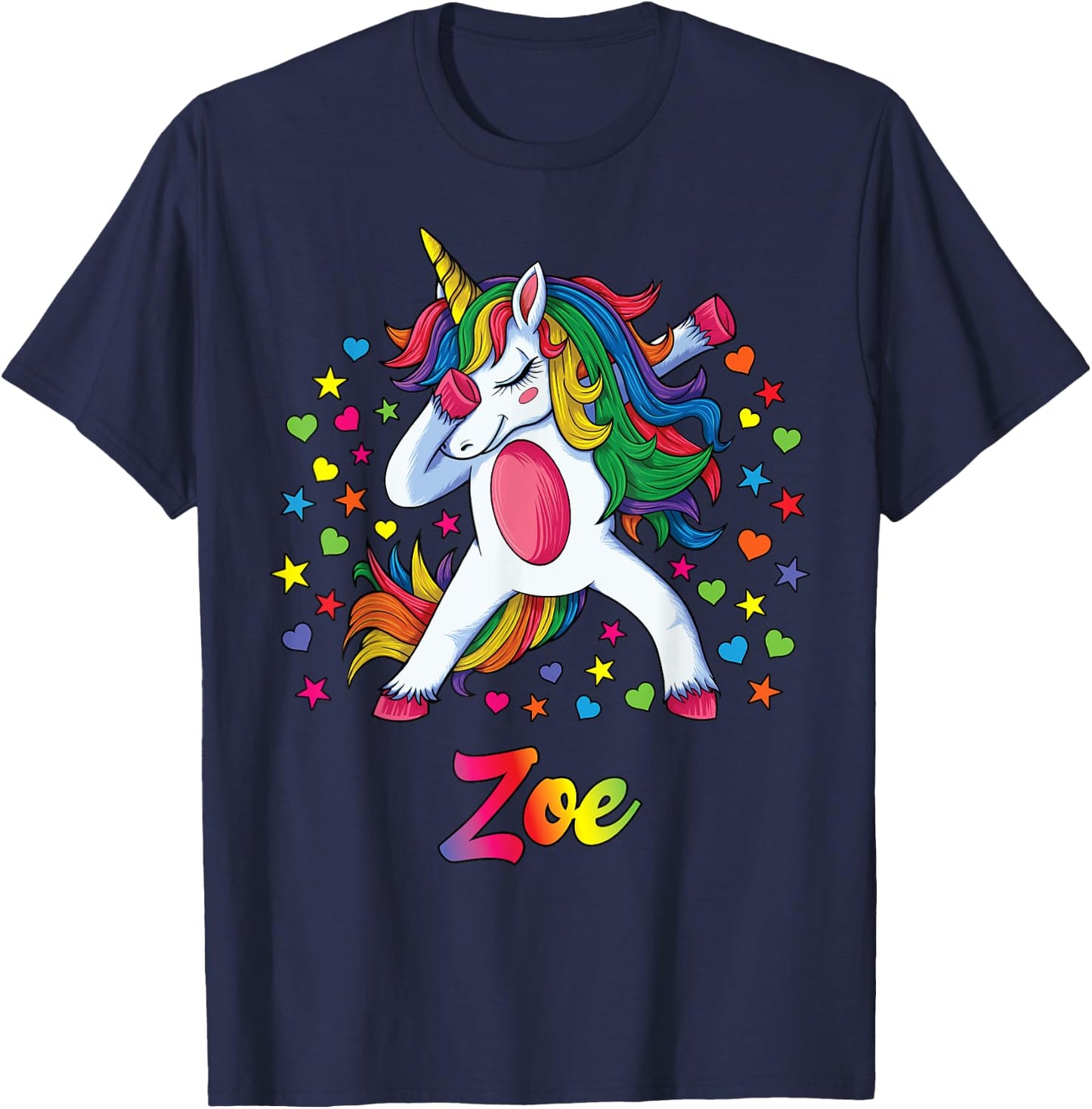 Zoe Dabbing Unicorn Rainbow Personalized Name Custom T-Shirt - T-Shirt | Navy