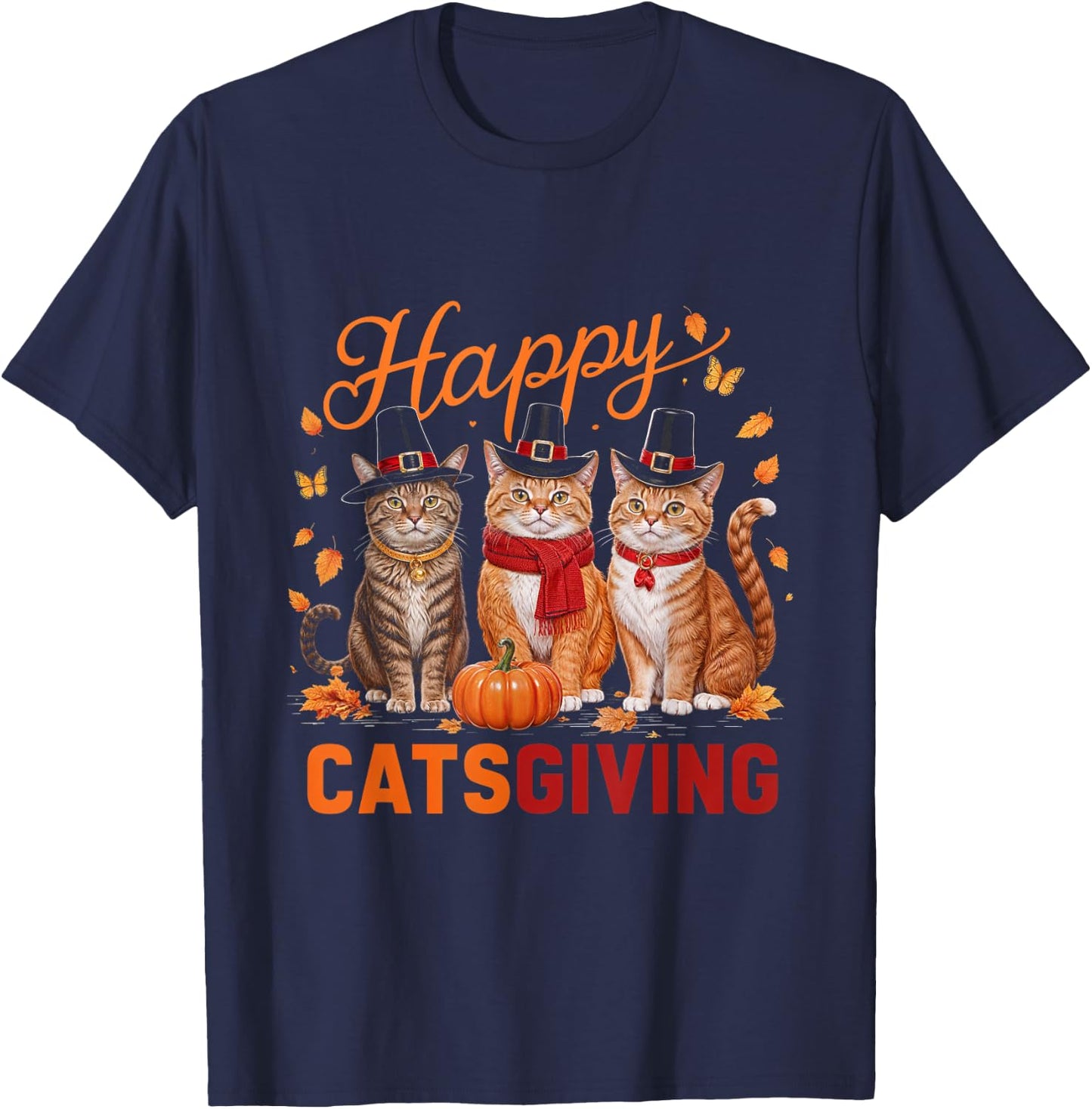 Happy Catsgiving Thanksgiving Cat Pumpkin Fall Cats T-Shirt - T-Shirt | Navy