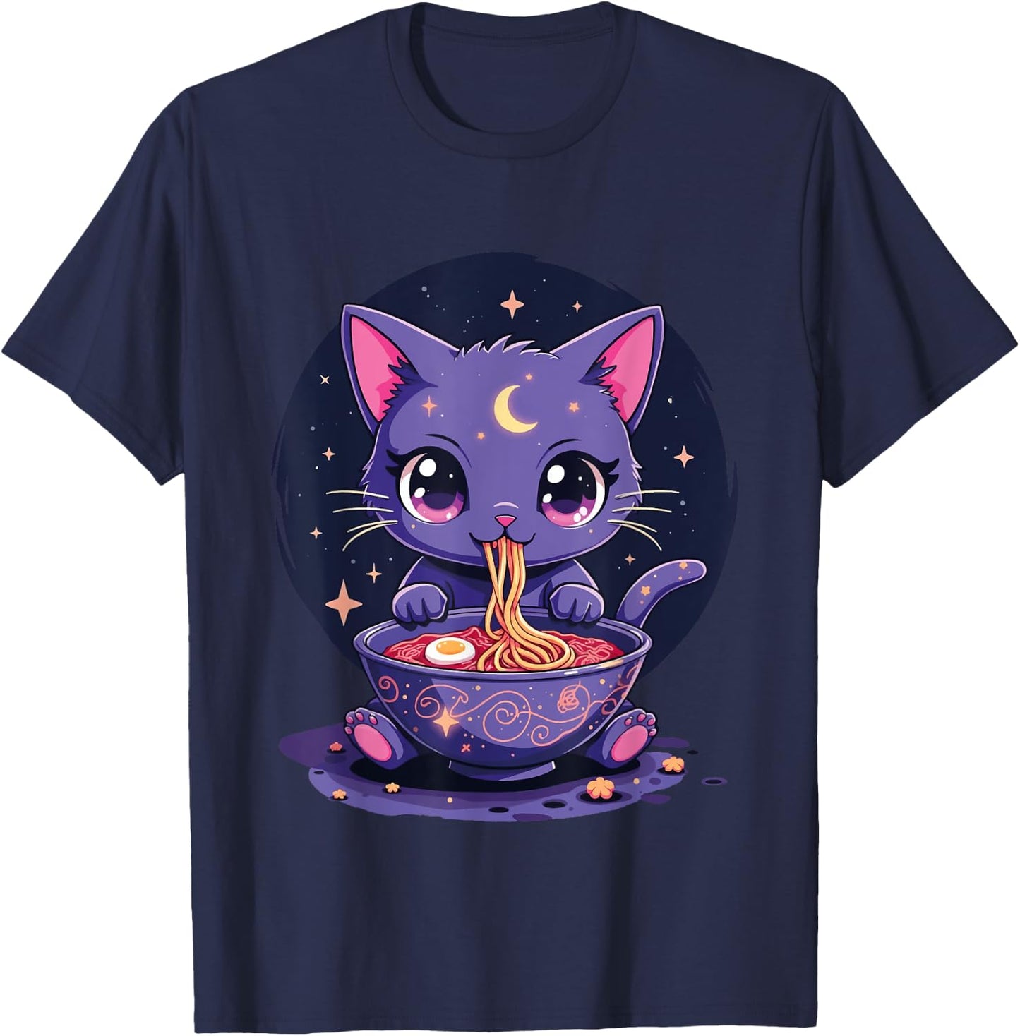Kawaii Pastel Goth Aesthetic Creepy Cat Eating Ramen Noodles T-Shirt - T-Shirt | Navy