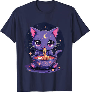 Kawaii Pastel Goth Aesthetic Creepy Cat Eating Ramen Noodles T-Shirt - T-Shirt | Navy