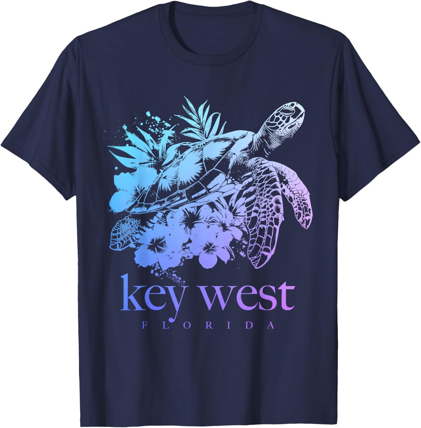 Key West Florida Sea Turtle Flowers Surfer Souvenir T-Shirt - T-Shirt | Navy