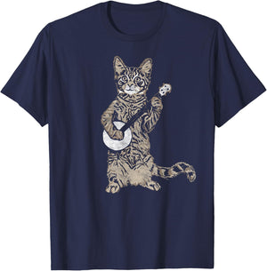 Banjo Cat - Funny Retro Style Bluegrass & Tabby Cat Lover T-Shirt - T-Shirt | Navy
