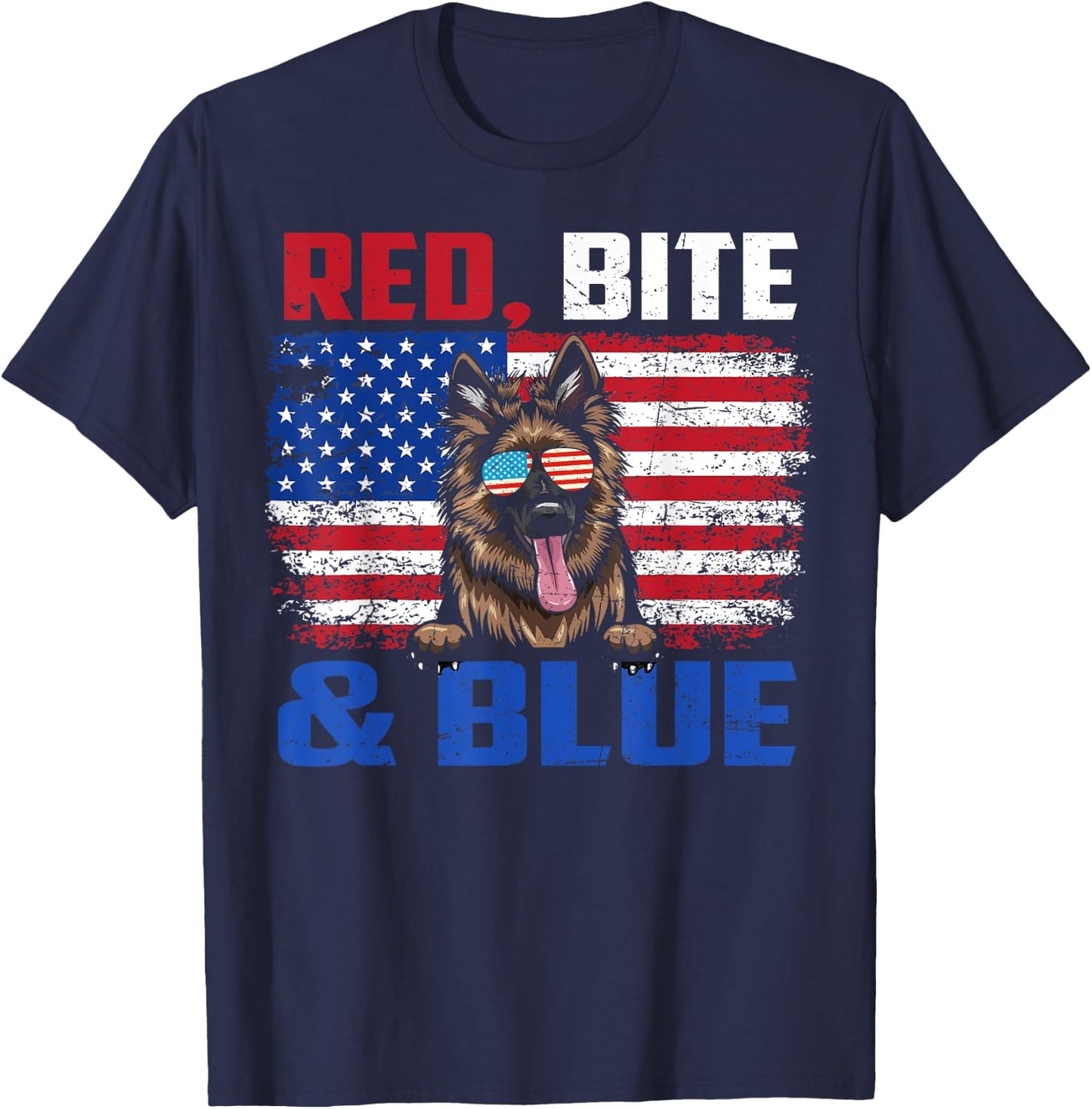 Red Bite Blue Long-Haired German Shepherd Dog 4th Of July T-Shirt - T-Shirt | Navy