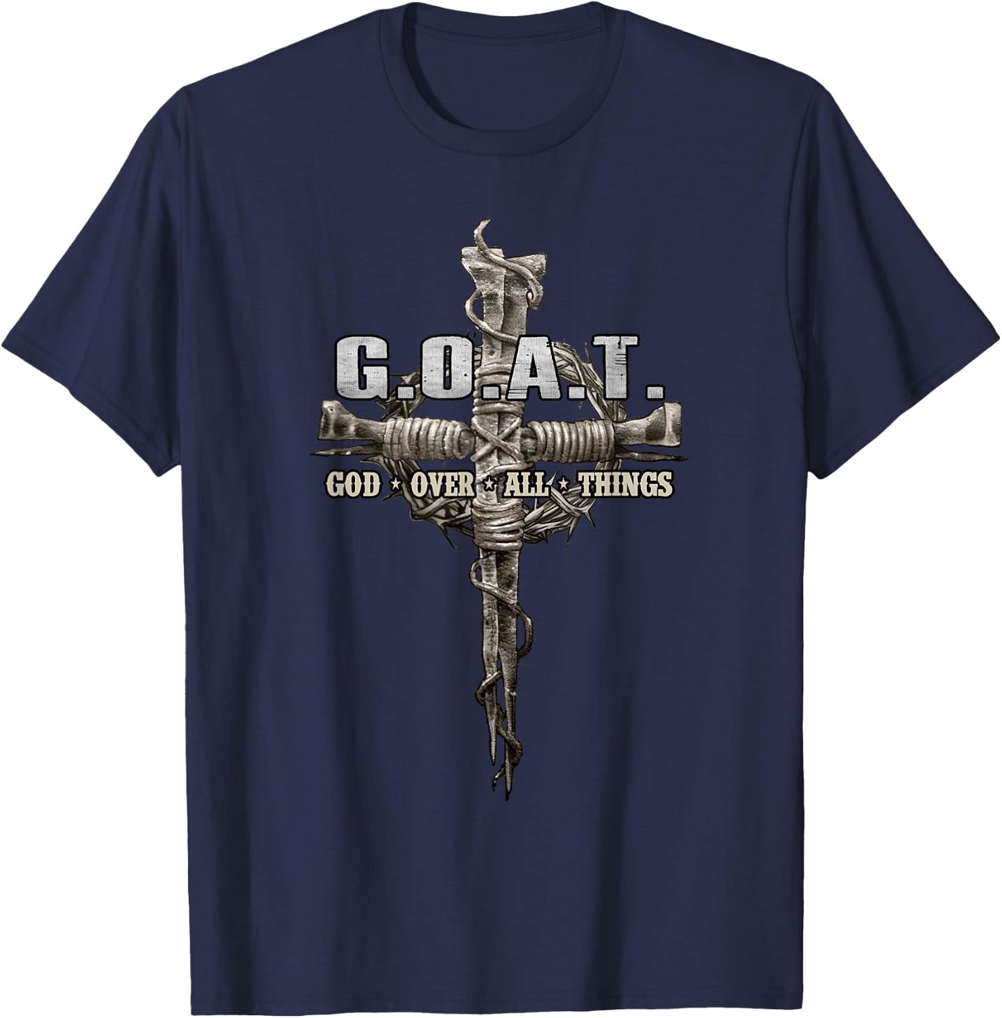 Savitan Shop G.O.A.T. Goat Over All Things Vintage Christ Cross Bible God -Adults Black T-Shirt - T-Shirt | Navy